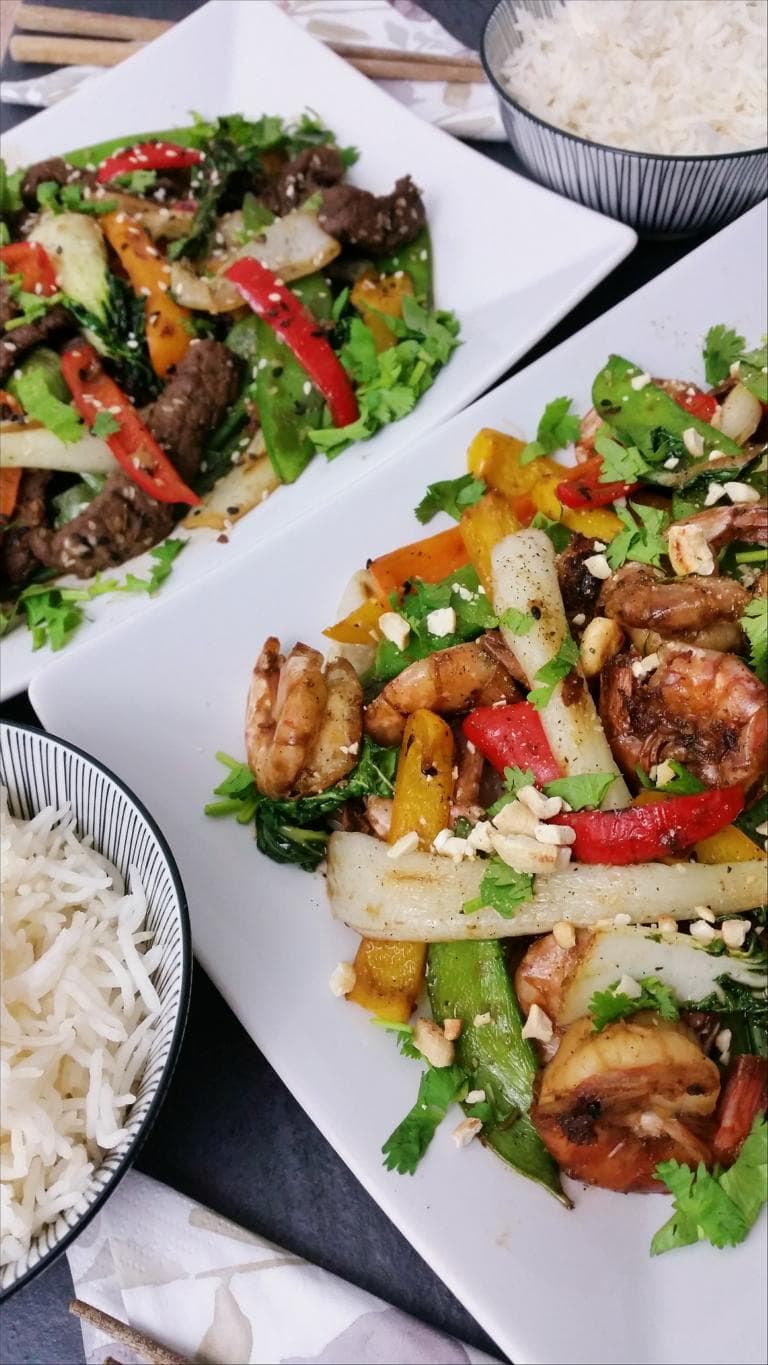 Teriyaki-Garnelen und Teriyaki-Rind mit Gemuese