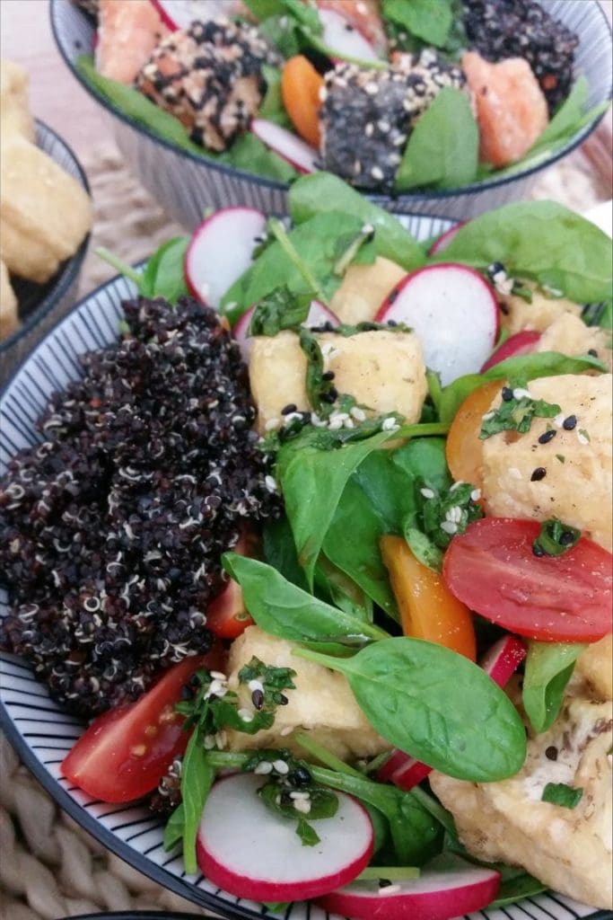 Bunte Buddha Bowl mit schwarzem Quinoa und Tofu