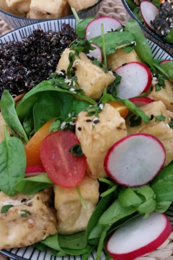 Bunte Buddha Bowl mit schwarzem Quinoa und Tofu