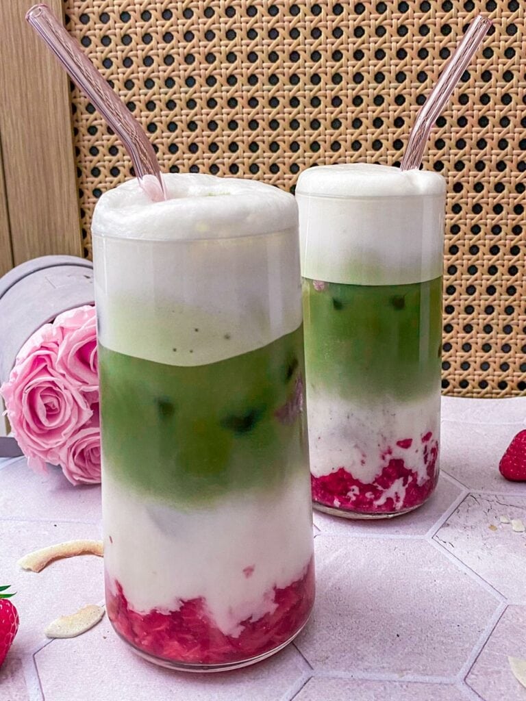 Vegan Iced Coconut Strawberry/Raspberry Matcha Latte