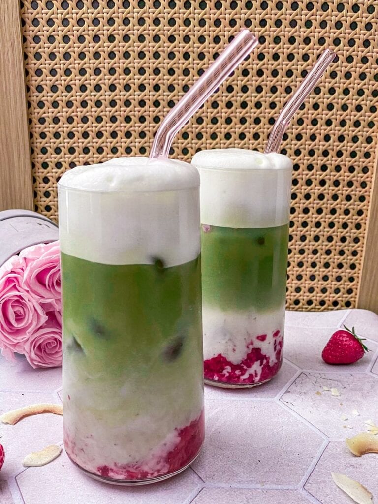 Vegan Iced Coconut Strawberry/Raspberry Matcha Latte