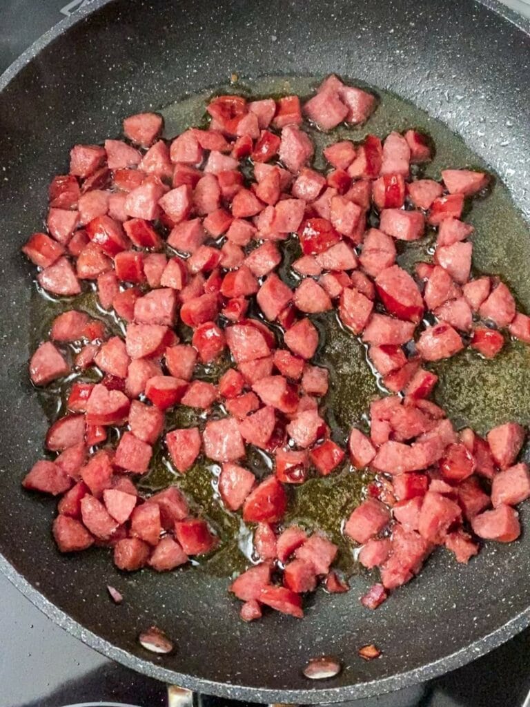 Grünkohl Pfanne mit Kürbis, Mettenden und Knödeln - schnelle Feierabendküche Rezept