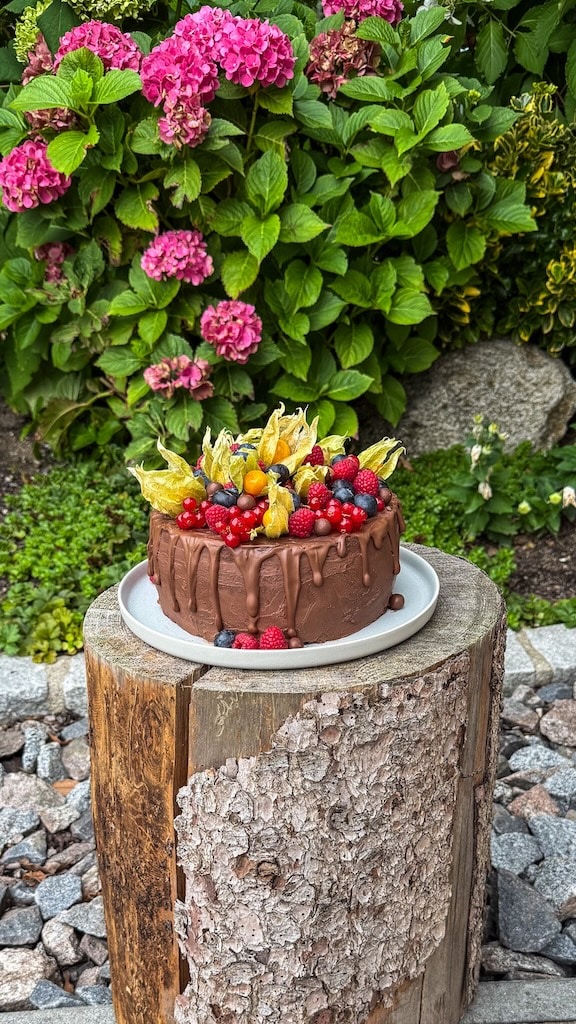 Himbeer-Schoko-Torte mit Obstdekoration